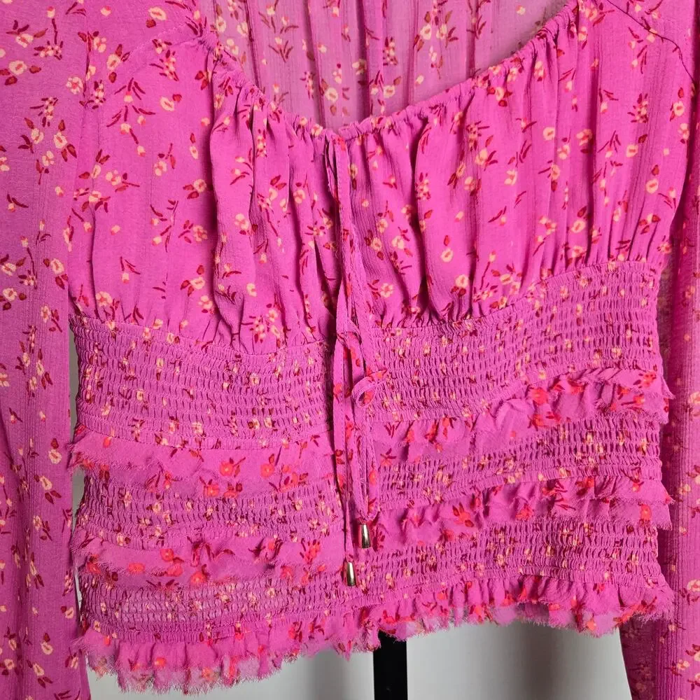 Free People Lolita Smocked‎ Floral Long Sleeve Peasant Blouse Pink Floral Small